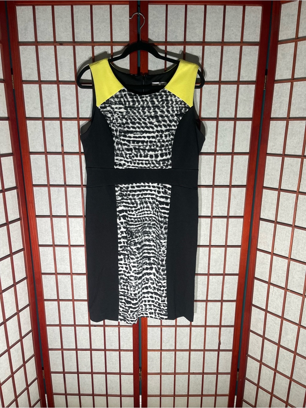 Calvin Klein Black, White & Yellow Printed Panel Midi Dress